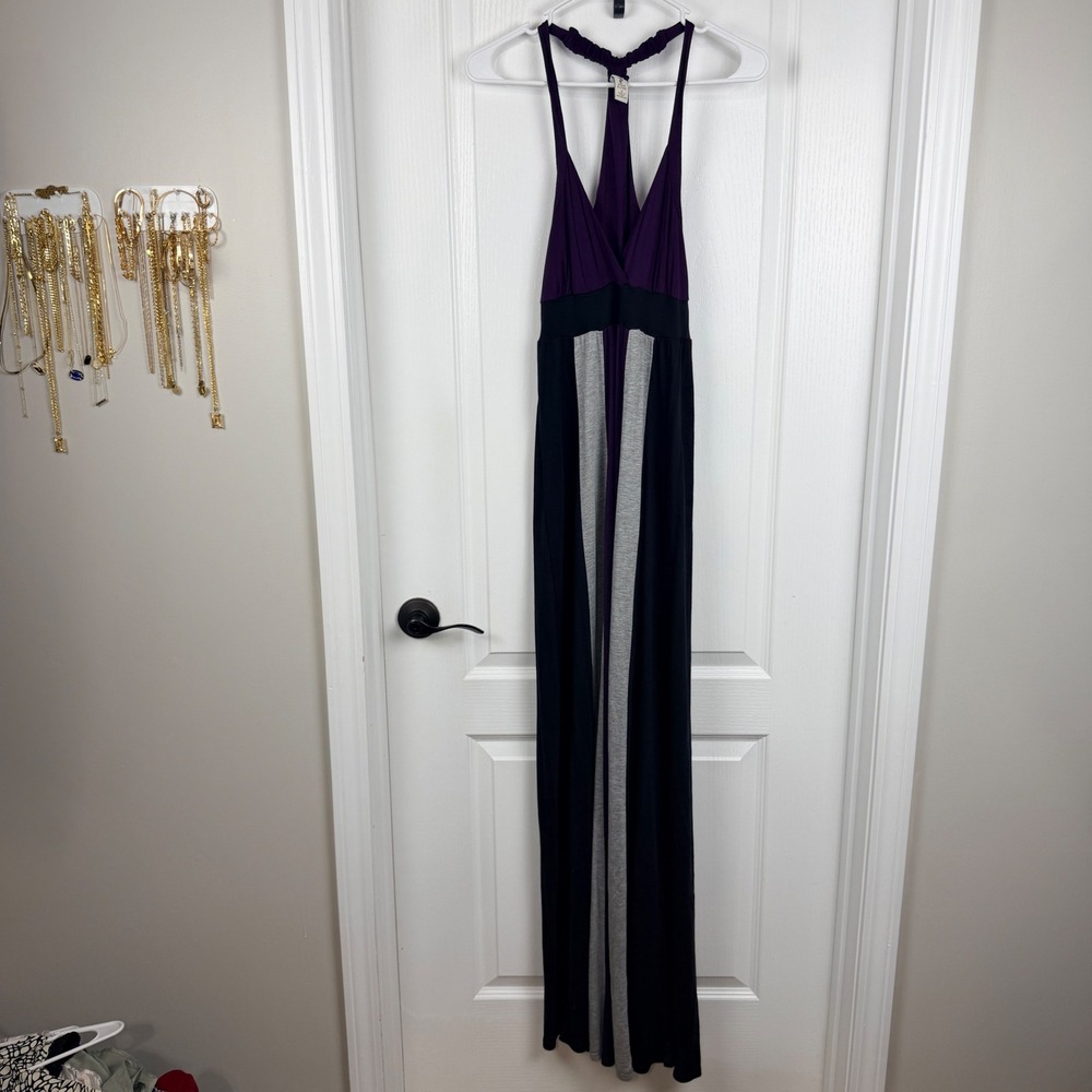 Pink Rose Colorblock Maxi Dress Purple Black Gray Halter Neck Women's Small